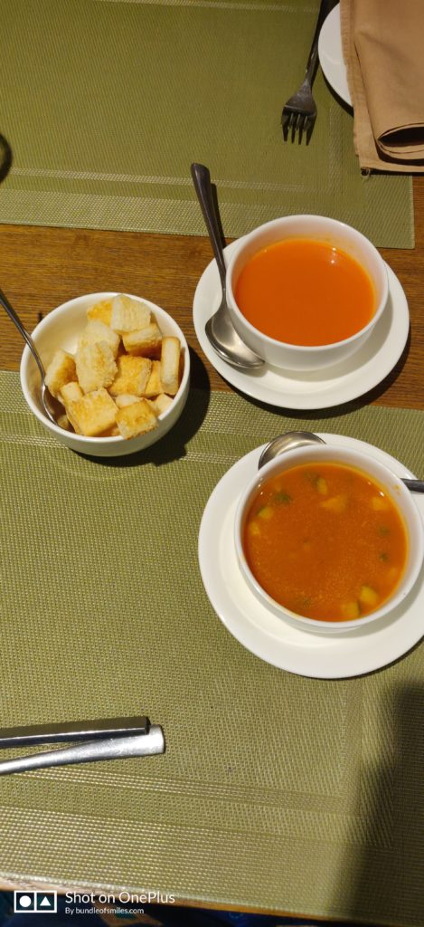 ZUPPA DI POMODORO and POMODORO MINESTRONE with some crispy bread cubes